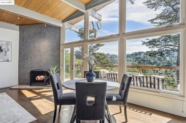 Dining room, Fireplace, Interior, Sun Room, Wooden Ceilings, Wood Texture Flooring