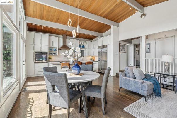 Dining room, Interior, Kitchen, Pendant Lights, Recessed Lighting, Stainless Steel Appliances, Wooden Beams, Wooden Ceilings, Wood Texture Flooring