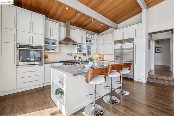 Interior, Kitchen, Recessed Lighting, Stainless Steel Appliances, Wooden Ceilings, Wood Texture Flooring