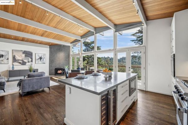 Fireplace, Interior, Kitchen, Living room, Wooden Ceilings, Wood Texture Flooring