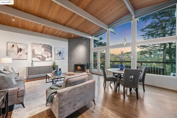 Dining room, Fireplace, Interior, Living room, Wooden Ceilings, Wood Texture Flooring
