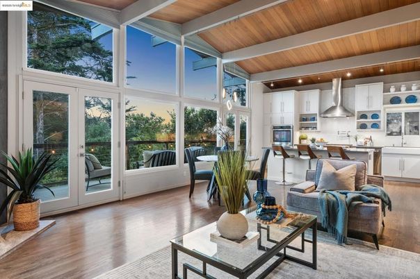 Interior, Kitchen, Living room, Recessed Lighting, Stainless Steel Appliances, Wooden Beams, Wooden Ceilings, Wood Texture Flooring