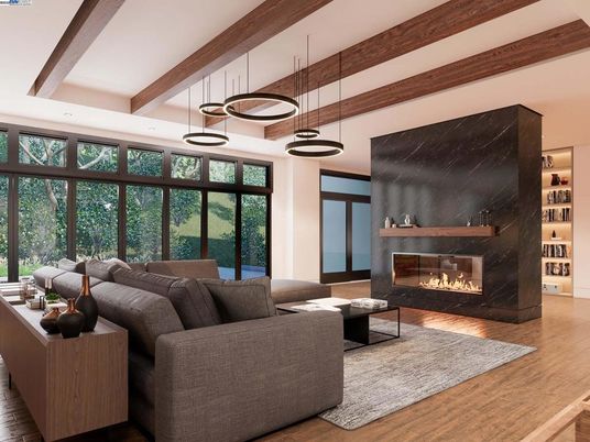 Fireplace, Interior, Living room, Pendant Lights, Recessed Lighting, Wooden Beams, Wood Texture Flooring