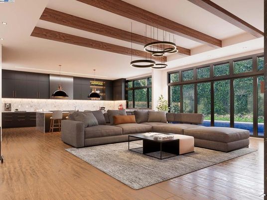 Interior, Living room, Pendant Lights, Recessed Lighting, Wooden Beams, Wood Texture Flooring