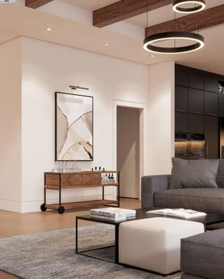 Interior, Living room, Pendant Lights, Recessed Lighting, Wooden Beams, Wood Texture Flooring