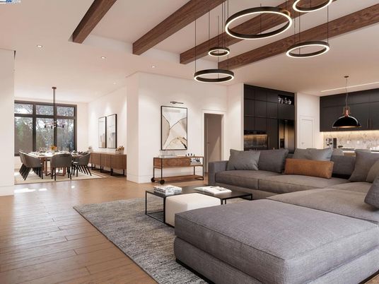 Dining room, Interior, Living room, Pendant Lights, Recessed Lighting, Wooden Beams, Wood Texture Flooring