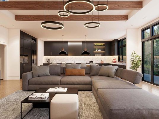 Interior, Kitchen, Living room, Pendant Lights, Recessed Lighting, Wooden Beams, Wood Texture Flooring