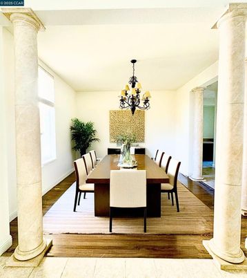 Chandelier, Dining room, Interior, Wood Texture Flooring