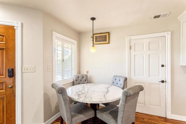 Dining room, Interior, Pendant Lights, Wood Texture Flooring