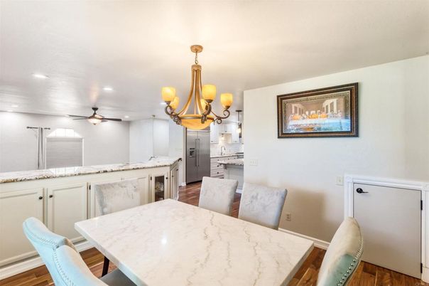 Chandelier, Dining room, Interior, Kitchen, Recessed Lighting, Wood Texture Flooring