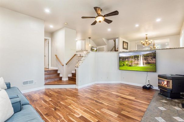 Chandelier, Fireplace, Interior, Recessed Lighting, Wood Texture Flooring