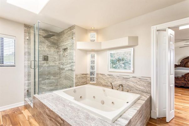 Bathroom, Glass Shower, Interior, Recessed Lighting, Wood Texture Flooring