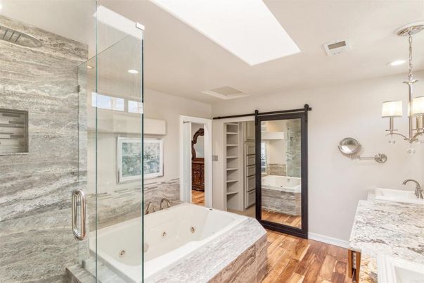 Bathroom, Glass Shower, Interior, Recessed Lighting, Wood Texture Flooring