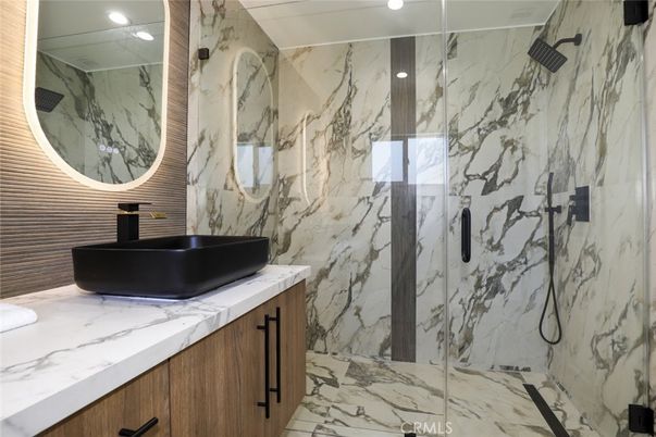 Bathroom, Glass Shower, Interior, Marble, Marble Walls, Recessed Lighting