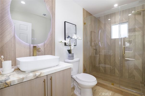 Bathroom, Glass Shower, Interior, Recessed Lighting, Wood Texture Flooring