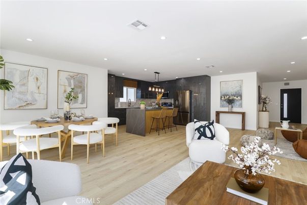 Dining room, Interior, Kitchen, Living room, Pendant Lights, Recessed Lighting, Stainless Steel Appliances, Wood Texture Flooring