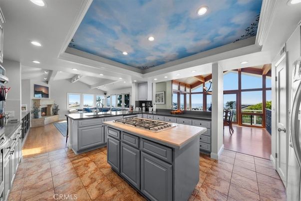 Fireplace, Interior, Kitchen, Living room, Recessed Lighting, Stainless Steel Appliances