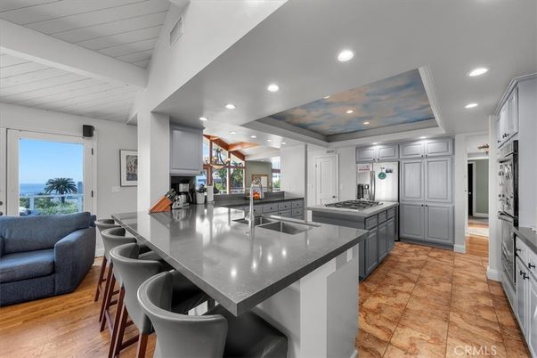 Interior, Kitchen, Recessed Lighting, Stainless Steel Appliances, Water, Wood Texture Flooring