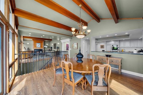Chandelier, Dining room, Interior, Kitchen, Recessed Lighting, Wooden Beams, Wood Texture Flooring