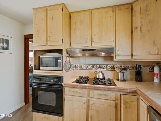 Interior, Kitchen, Tile Countertops, Wood Texture Flooring