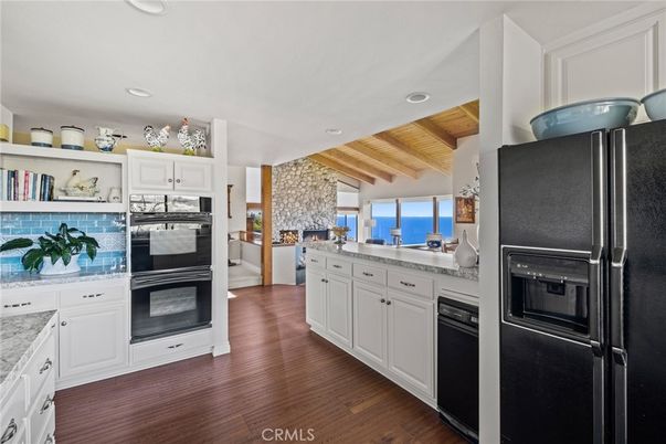 Interior, Kitchen, Recessed Lighting, Stainless Steel Appliances, Stone Walls, Water, Wooden Beams, Wooden Ceilings, Wood Texture Flooring