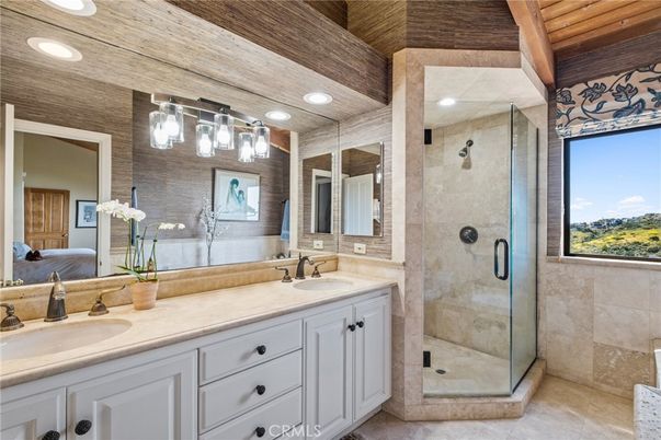 Bathroom, Dual Sink Vanities, Glass Shower, Interior, Recessed Lighting, Wooden Beams, Wooden Ceilings