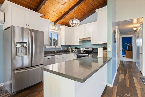 Interior, Kitchen, Pendant Lights, Stainless Steel Appliances, Wooden Beams, Wooden Ceilings, Wood Texture Flooring