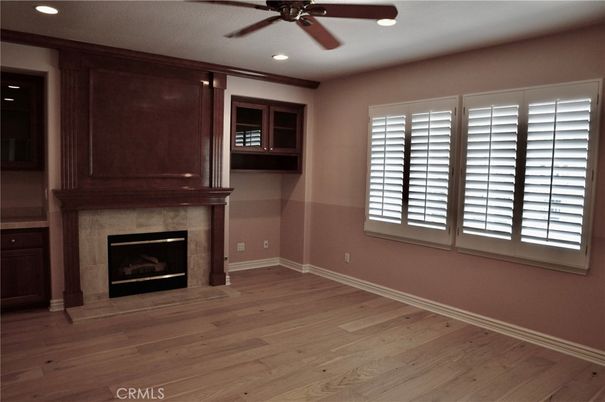 Empty room, Fireplace, Interior, Recessed Lighting, Wood Texture Flooring