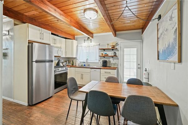 Dining room, Interior, Kitchen, Stainless Steel Appliances, Wooden Beams, Wooden Ceilings, Wood Texture Flooring