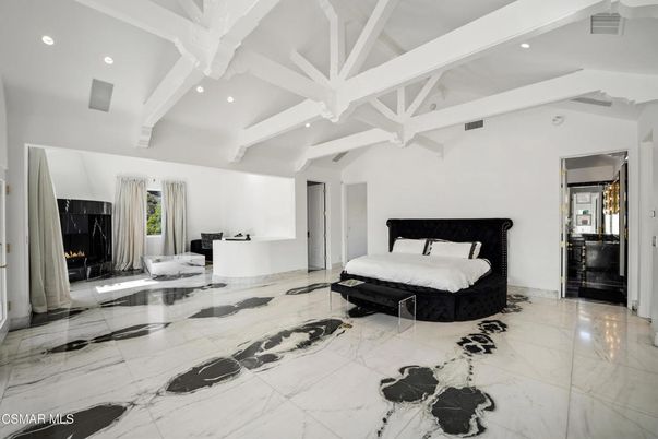 Bedroom, Fireplace, Interior, Marble, Recessed Lighting