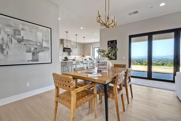Dining room, Interior, Kitchen, Pendant Lights, Recessed Lighting, Wood Texture Flooring