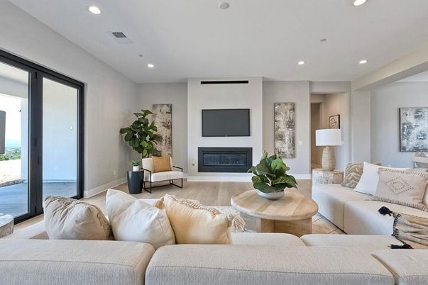 Fireplace, Interior, Living room, Recessed Lighting, Wood Texture Flooring