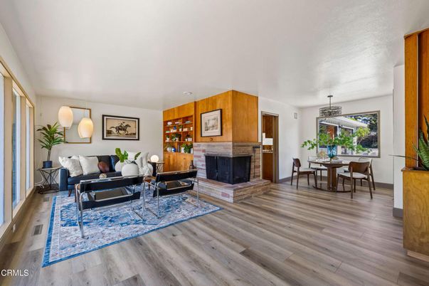 Dining room, Fireplace, Interior, Living room, Pendant Lights, Wood Texture Flooring