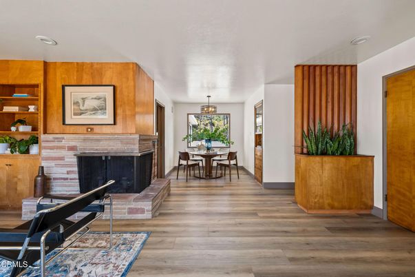 Dining room, Fireplace, Interior, Recessed Lighting, Wood Texture Flooring, Wooden Walls