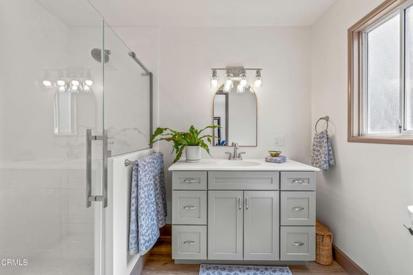 Bathroom, Glass Shower, Interior, Wood Texture Flooring
