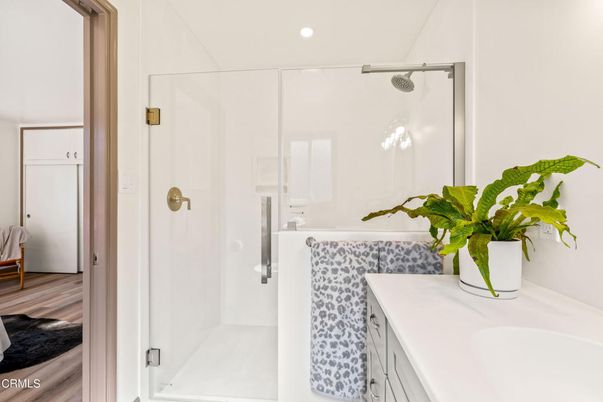 Bathroom, Glass Shower, Interior, Recessed Lighting, Wood Texture Flooring