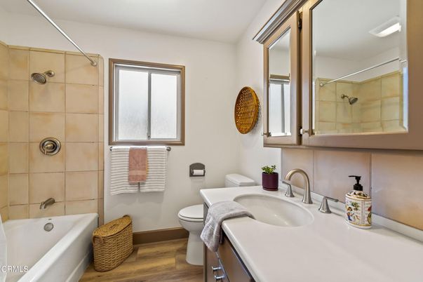 Bathroom, Dual Sink Vanities, Glass Shower, Interior, Wood Texture Flooring