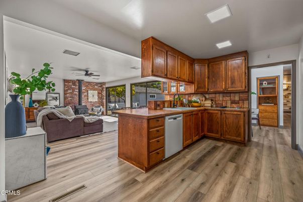 Interior, Kitchen, Living room, Stone Walls, Wood Texture Flooring