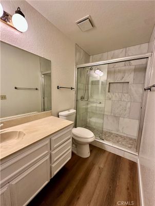 Bathroom, Glass Shower, Interior, Marble Walls, Wood Texture Flooring