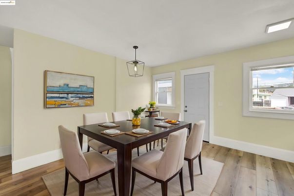 Dining room, Interior, Pendant Lights, Wood Texture Flooring