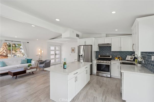 Interior, Kitchen, Living room, Recessed Lighting, Stainless Steel Appliances, Wood Texture Flooring