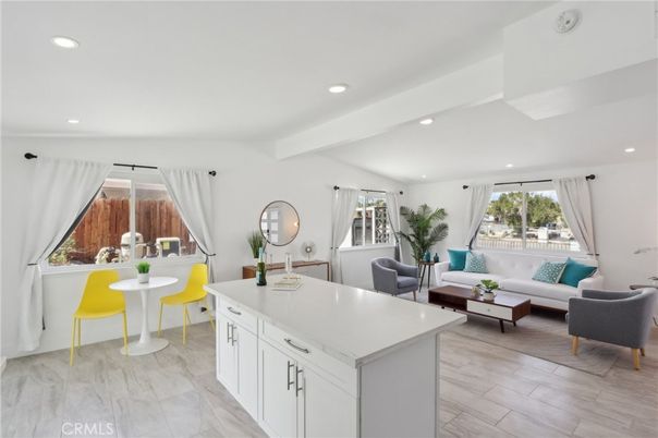 Interior, Kitchen, Living room, Marble, Recessed Lighting, Wood Texture Flooring