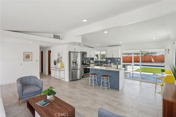 Interior, Kitchen, Living room, Recessed Lighting, Stainless Steel Appliances, Wood Texture Flooring