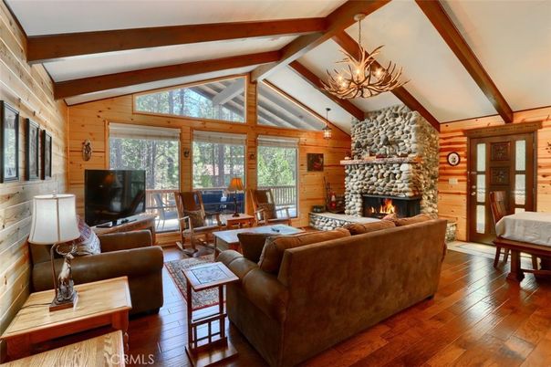 Chandelier, Fireplace, Interior, Living room, Stone Walls, Wooden Beams, Wood Texture Flooring, Wooden Walls