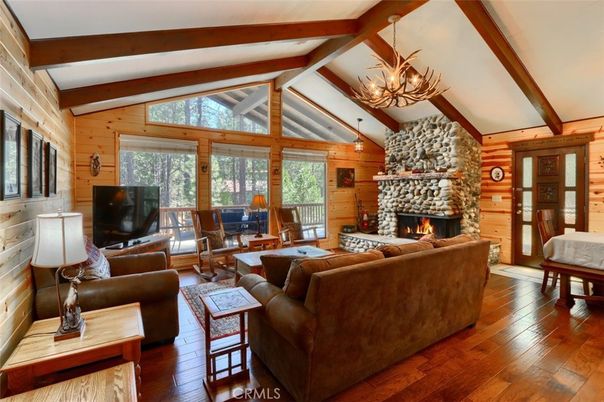 Chandelier, Fireplace, Interior, Living room, Stone Walls, Wooden Beams, Wood Texture Flooring, Wooden Walls