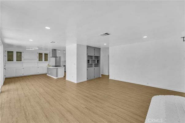 Empty room, Interior, Kitchen, Recessed Lighting, Wood Texture Flooring