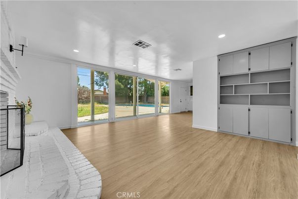 Empty room, Fireplace, Interior, Recessed Lighting, Wood Texture Flooring