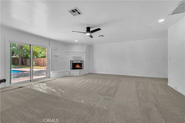 Empty room, Fireplace, Interior, Recessed Lighting, Stone Walls