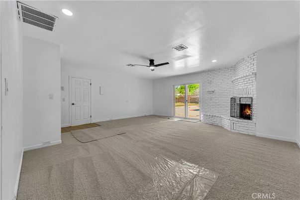 Empty room, Fireplace, Interior, Recessed Lighting, Stone Walls