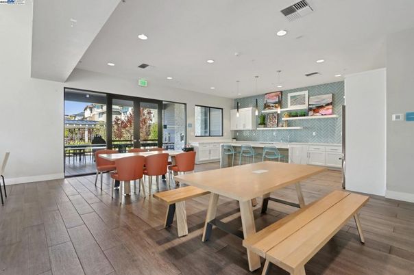 Dining room, Interior, Pendant Lights, Recessed Lighting, Wood Texture Flooring